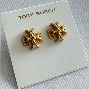 Tory Burch Roxanne Logo Stud Earrings in Yellow Gold Colors. New!